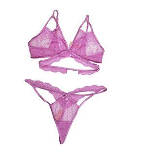 Mentionables Lace Bralette‎ and Panty Lingerie Set in Pink - Size 3X